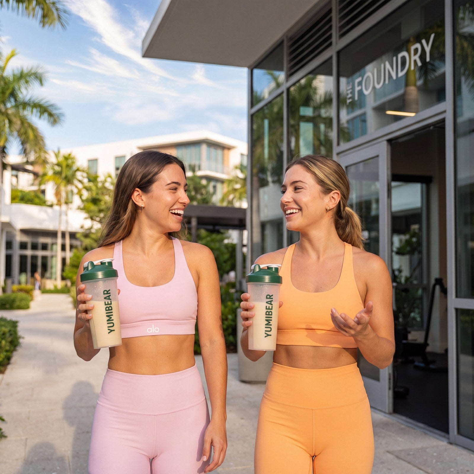 Two women walking with YUMI Bear shakers after a workout