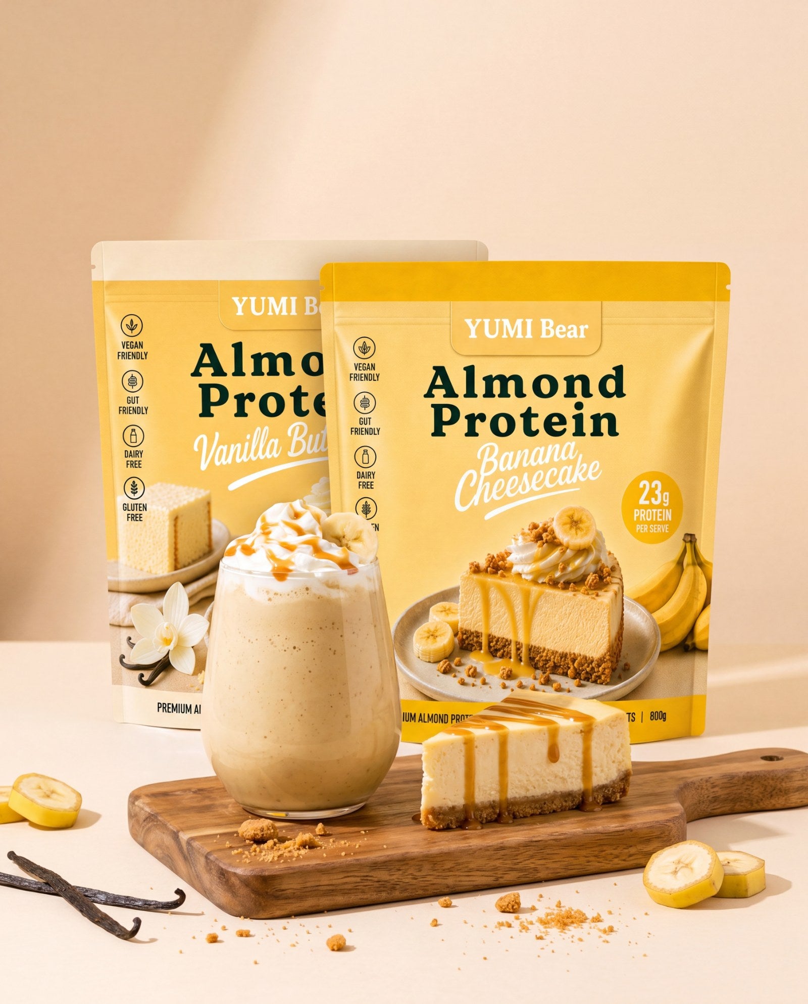 YUMI Bear Almond Protein banana cheesecake and vanilla buttercream product display