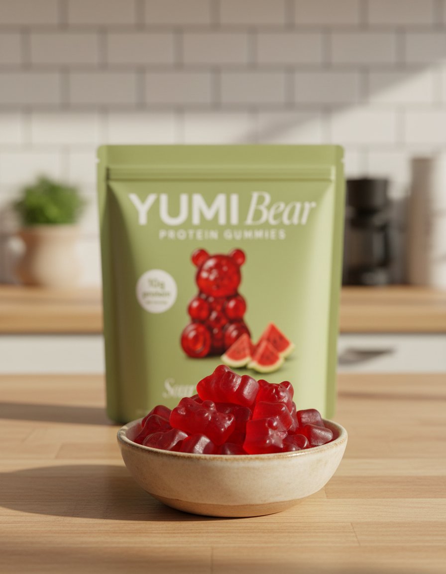 Yumi Bear Sour Watermelon protein gummies in a bowl